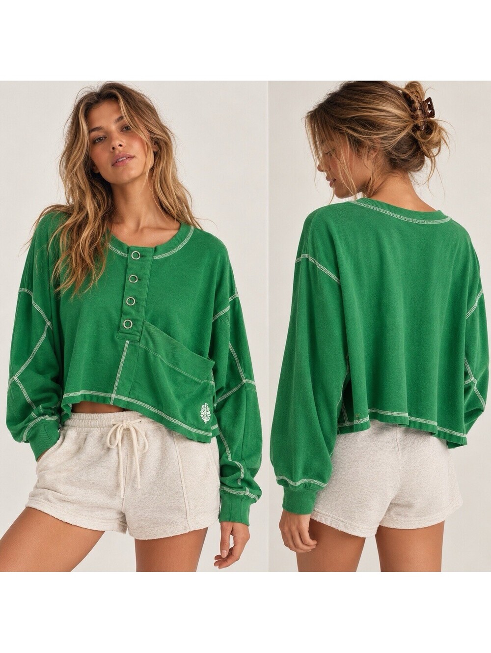 Free People Movement Green Cropped Boxy Button Front Long Sleeve Henley Size S